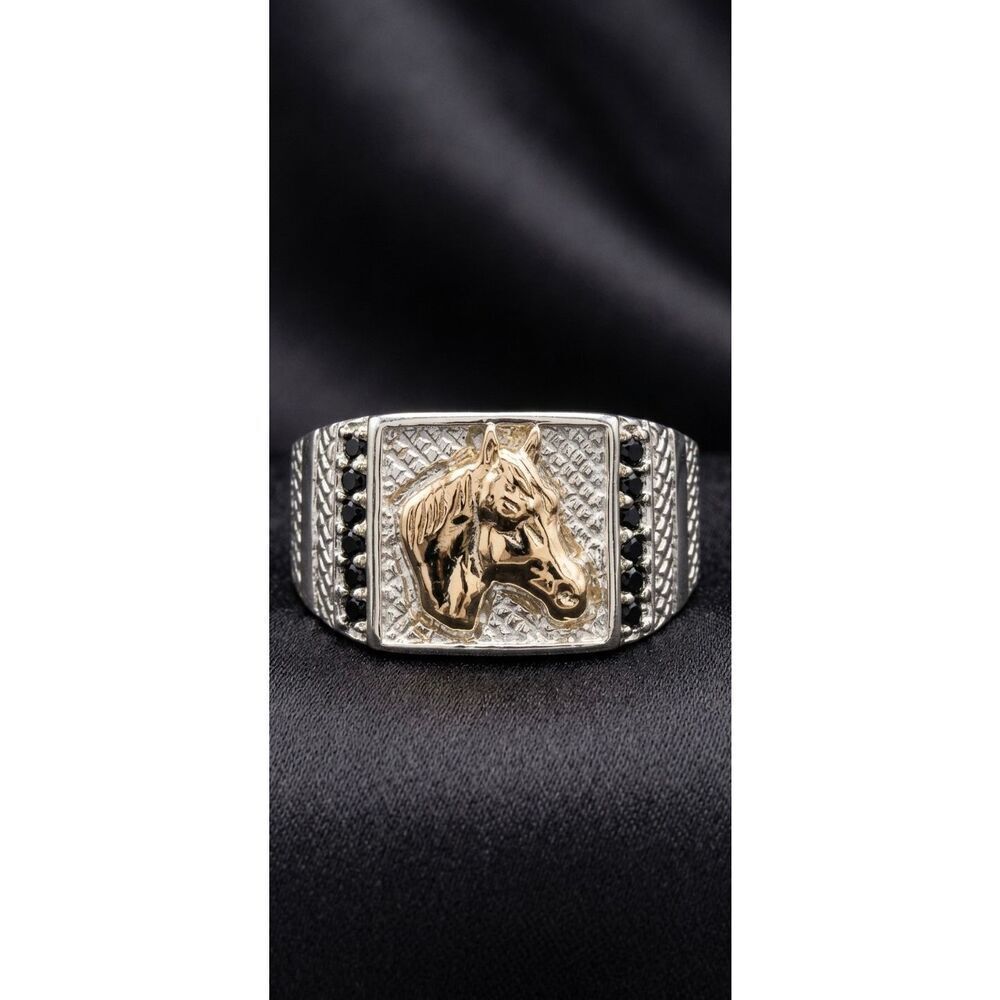 925 Sterling Silver Horse Head Ring 10K Gold Overlay Two-Tone Signet Men's New